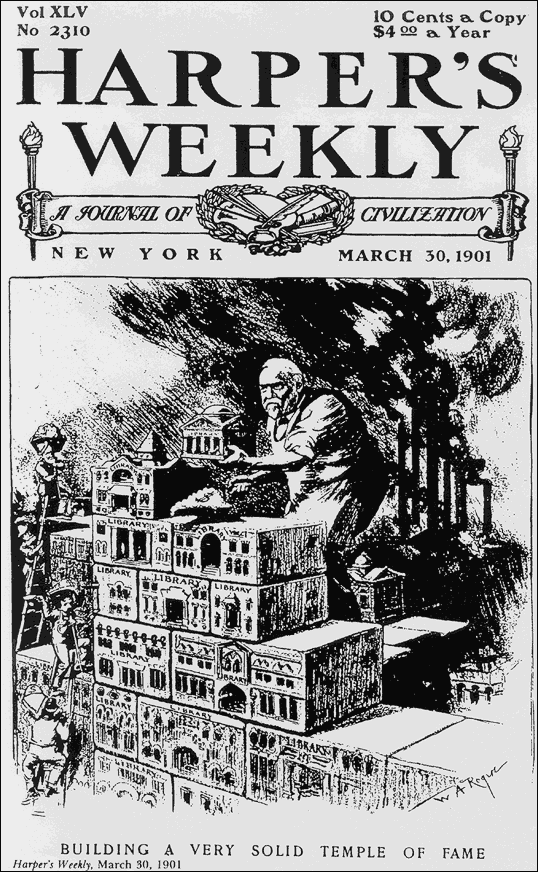 Cartoon of giant man walking among buildings with the caption, "Building a Very Solid Temple of Fame".