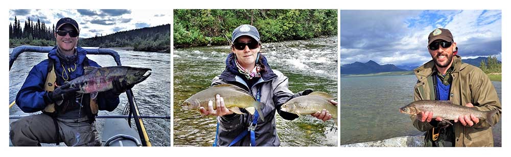 A series of three images of searchers holding fish they caught.