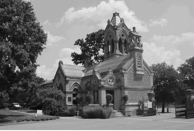 Historic Office at Spring Grove Cemetery B&W photo of an ornate building.