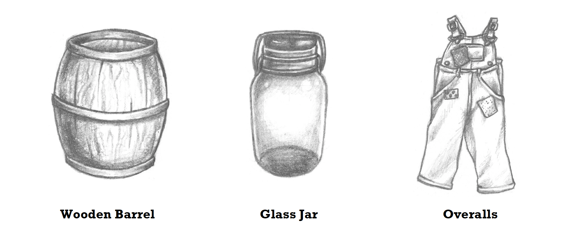 Wooden Barrel, Glass Jar, Overalls