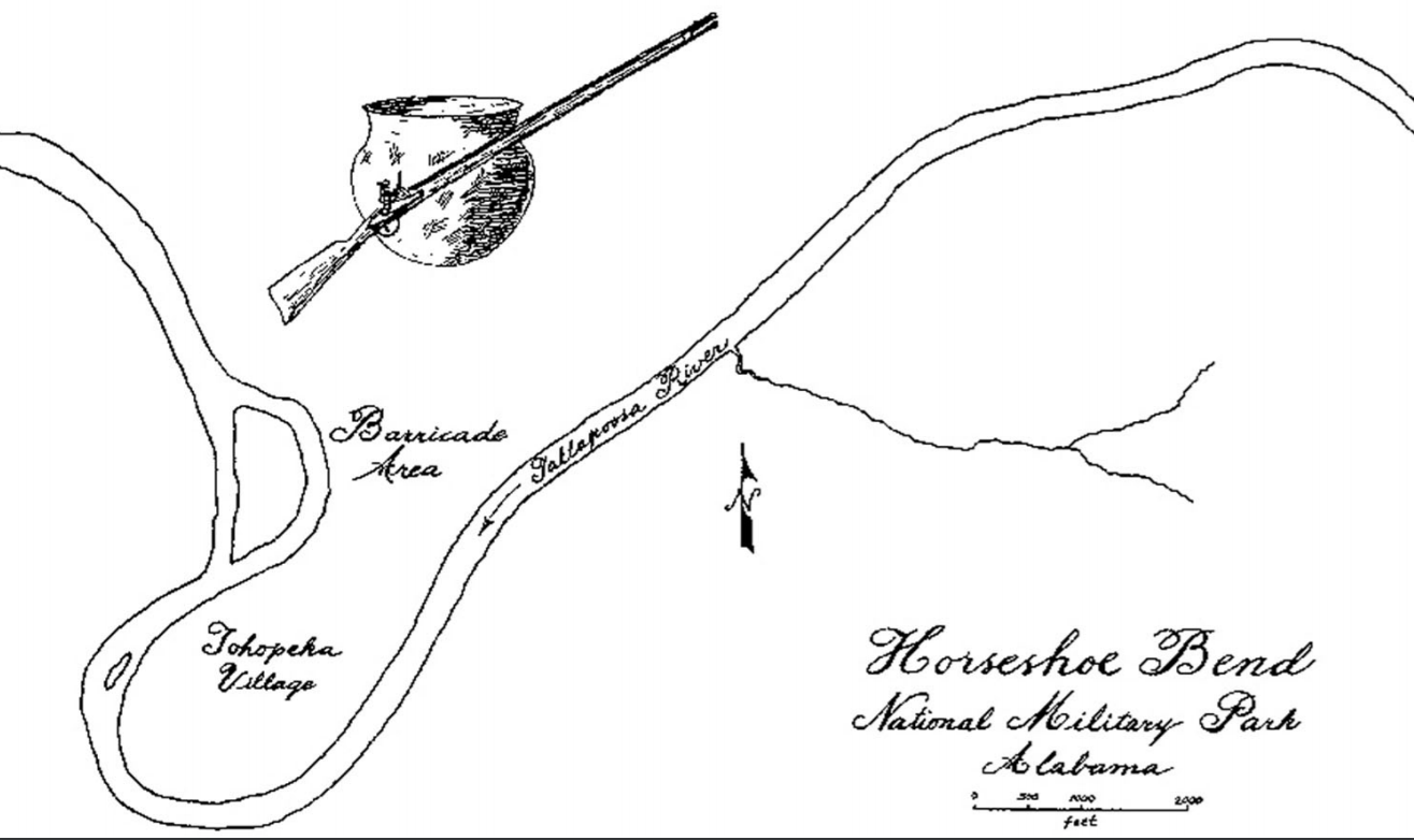 lt= Map depicting the Tohopeka Village, Barricade Area, and Tallapoosa River