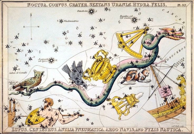 Vintage star chart illustration features the constellation Hydra. Vintage star chart illustration features the constellation Hydra.