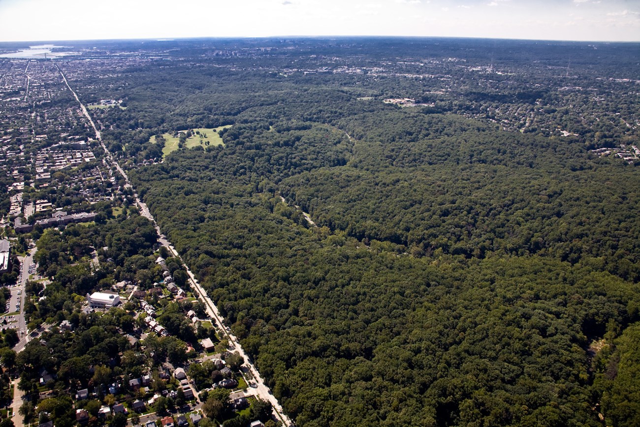 Aerial view of Rock Creek's eastern boundary Aerial view of the eastern boundary of Rock Creek Park, showing the divide between forest and urban development.