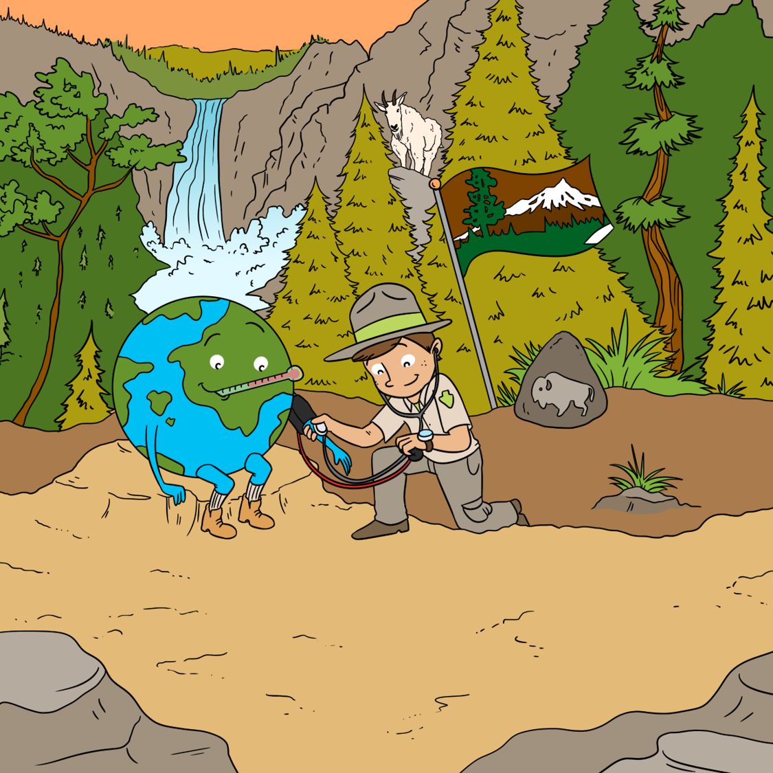 Frontiers For Young Minds A cartoon of a ranger checking the vitals of the Earth, much like a doctor. They sit surrounded by coniferous trees in a park with a waterfall coming down a cliff and a mountain goat in the background.