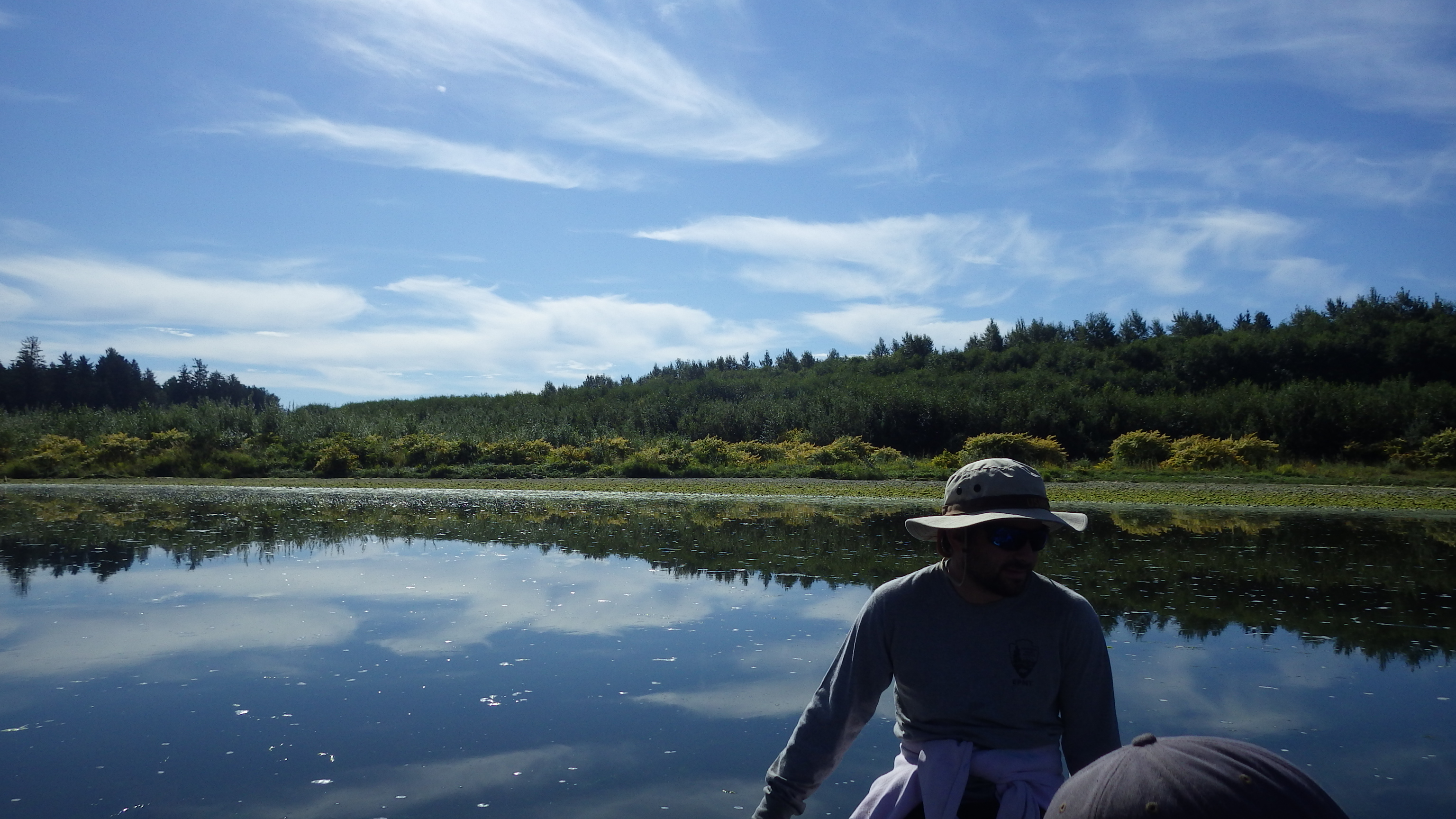 A man boating down a river with a bank covered in knotweed in the back