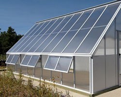 A new greenhouse for the plant refuge. An outdoor greenhouse with several windows open.