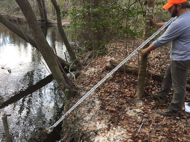 Man stands with a measuring rod on the banks of a stream.