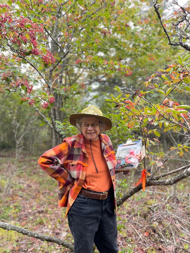 Person stands in front of a study tree with her right hand on her hip, looping off to the right. In her left hand she carries a clipboard with a sealed plastic bag full of supplies.