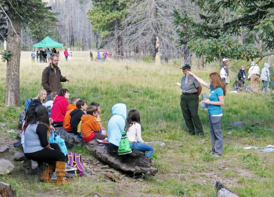 Staff talk to groups of students at an environmental education program