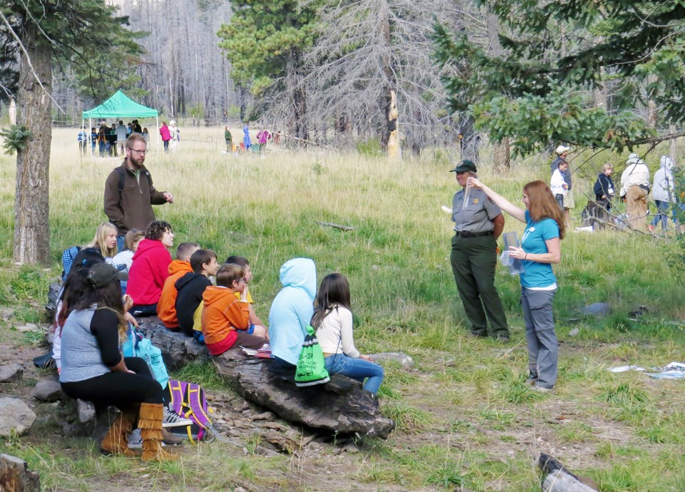 Environmental education program Staff talk to groups of students at an environmental education program