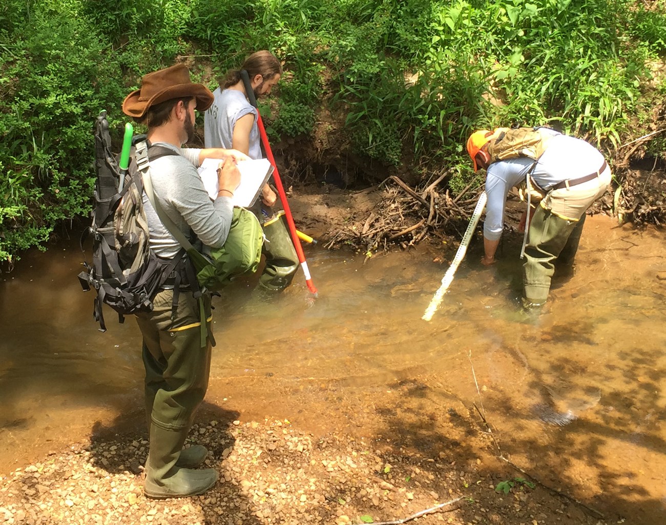 Wadeable stream habitat survey at KEMO Three men standing in a stream. One holding a clipboard.