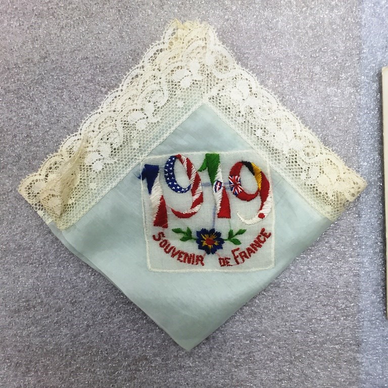 Handkerchief with embroidered date "1919" and words "Souvenir de France"