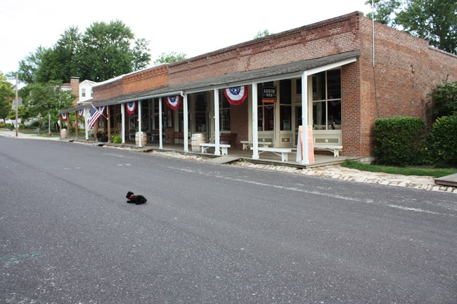 toy dog near brick building