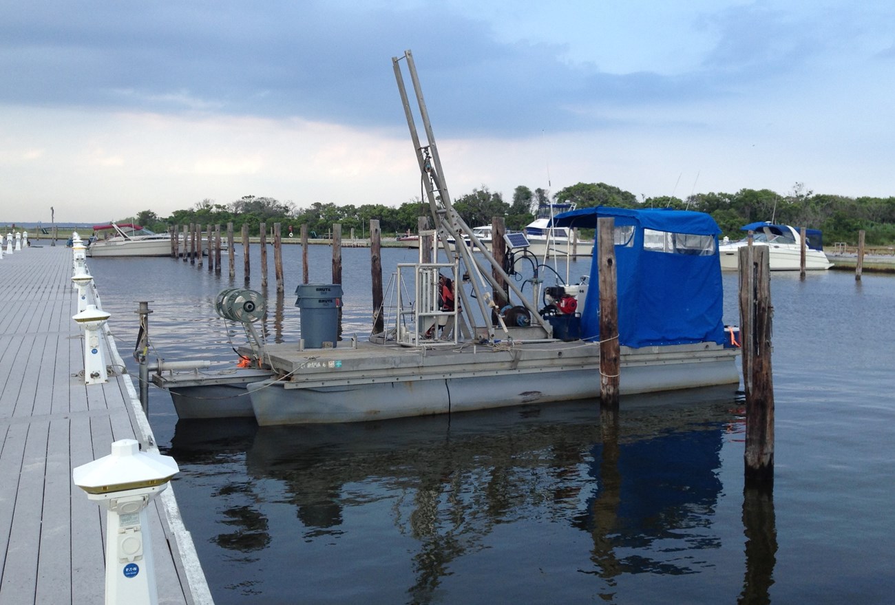the pontoon boat used to collect data at the dock