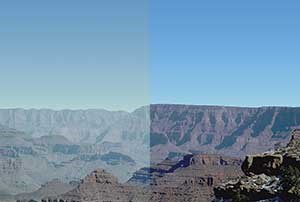 Simulation of 20% haziest days in 1990 (left) and 20% cleanest days in 2015 (right) from Hopi Point to Desert View, Grand Canyon National Park. Simulation of 20% haziest days in 1990 (left) and 20% cleanest days in 2015 (right) from Hopi Point to Desert View, Grand Canyon National Park.