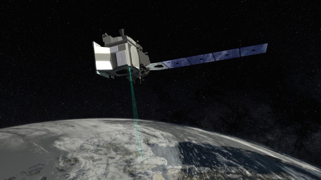 Illustration of a satellite orbiting and scanning the earth