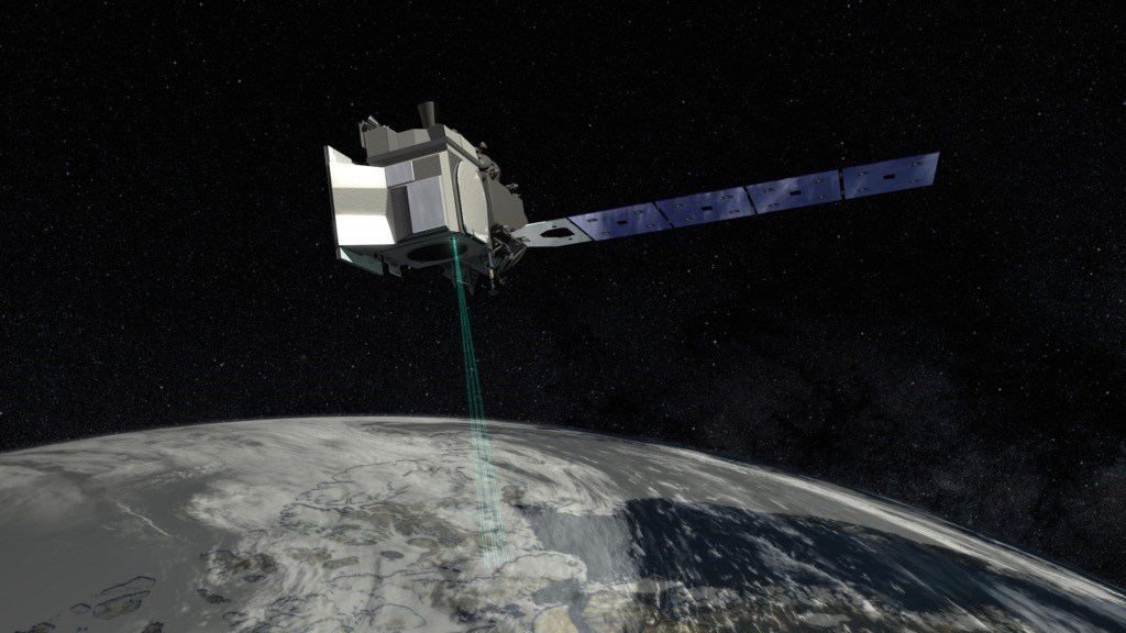 ICESat-2 Illustration of a satellite orbiting and scanning the earth