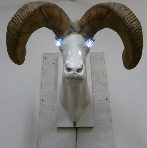 A plastered ram's head with glowing eyes