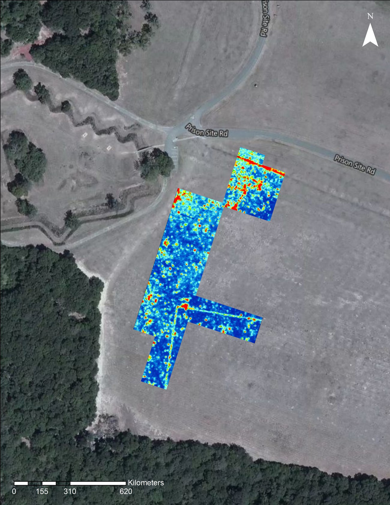 Figure 1: Ground penetrating radar data from the Third Hospital area, located south of the prison enclosure, surveyed by SEAC in early 2018 Ground penetrating radar image showing the Third Hospital area