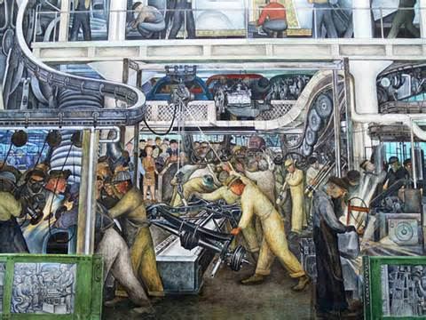 Colorful painting of industrial workers working on cars.