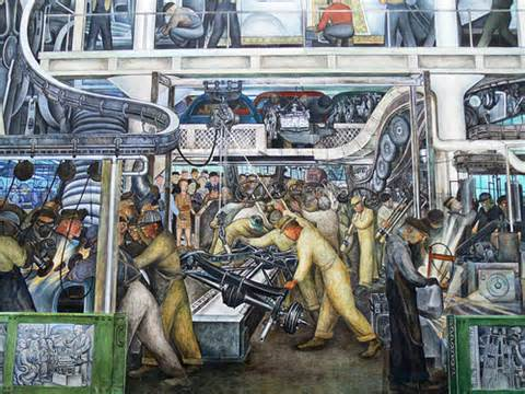 Industrial Mural Colorful painting of industrial workers working on cars.