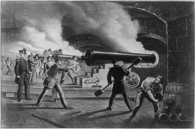 US army soldiers inside Fort Sumter firing a cannon