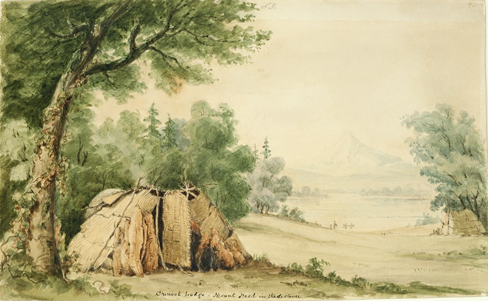 Painting of a thatched structure in foreground. River and mountain are in the background.