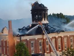 Brown building on fire.