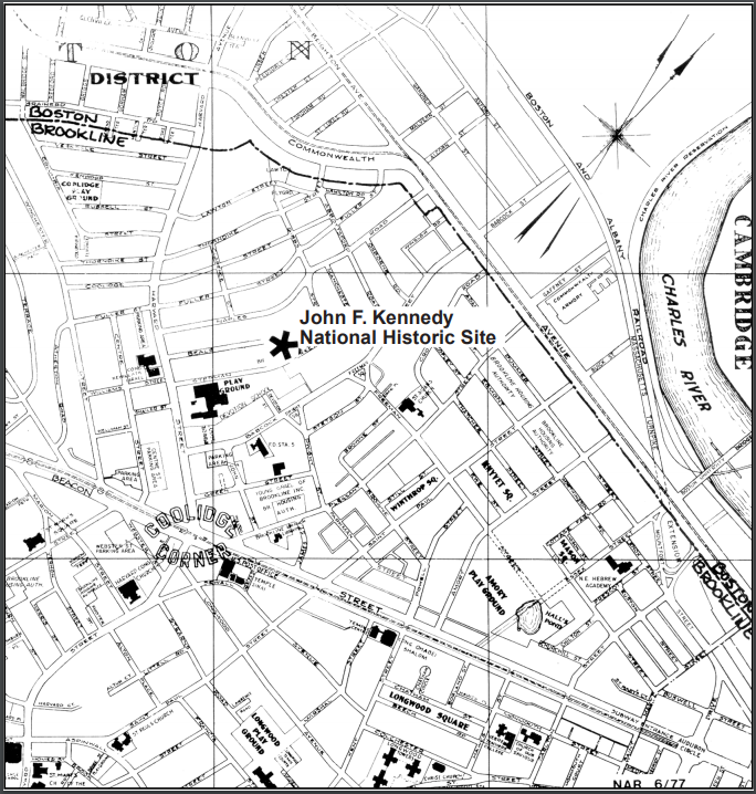 lt= Map with a star on the John F. Kennedy National Historic Site