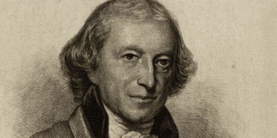 Black and white image of William Samuel Johnson on a cream background.