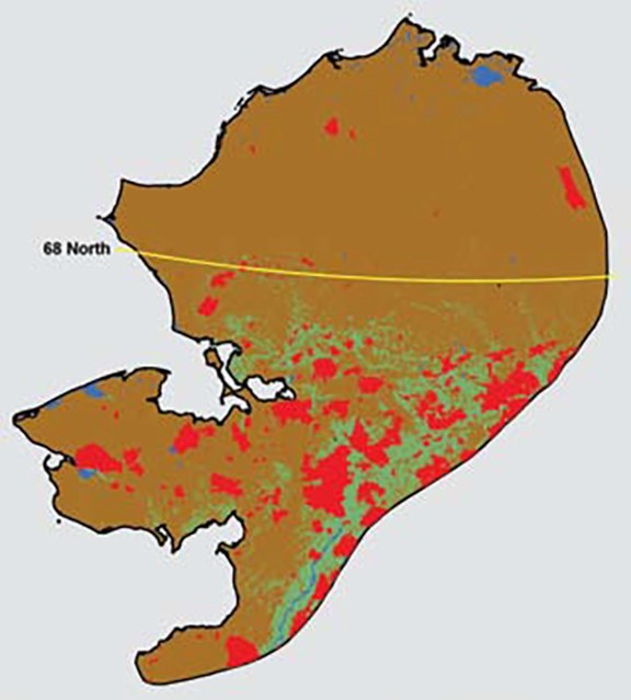 A brown-colored section of Alaska depicted in a graphic with red polygon burn areas.