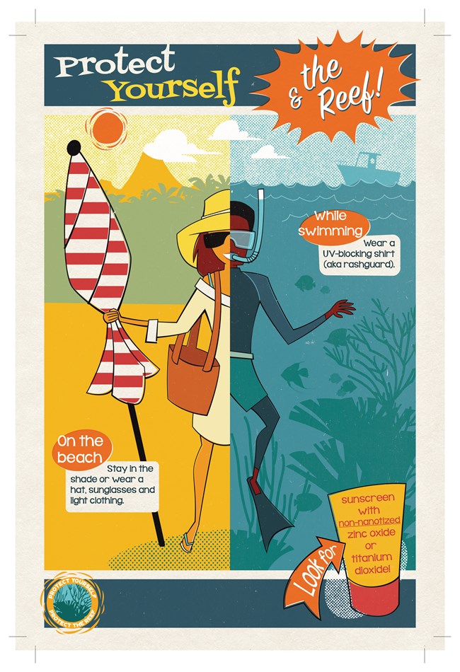 A flyer with the title "Protect Yourself and the Reef!" The left half of the flyer depicts a person on the beach wearing beach attire and carrying a red and white striped umbrella. The right half of the flyer depicts a snorkeler underwater wearing sun pro