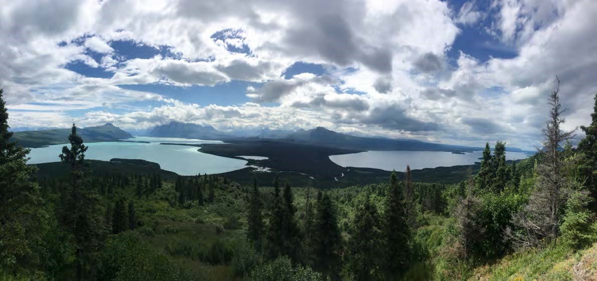 Katmai National Park and Preserve in Alaska mountain lakes under a cloudy sky