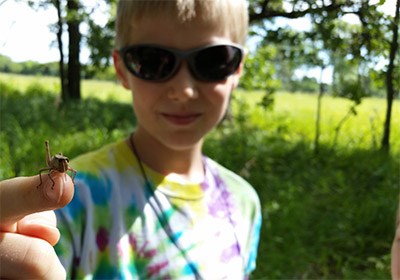 Kids in Parks program July 20th A boy holds out his hand with a grasshopper on his finger. Words Read: Blast of with kids in parks, Saturday, July 20th 10:00 a.m. to 12:00 p.m.