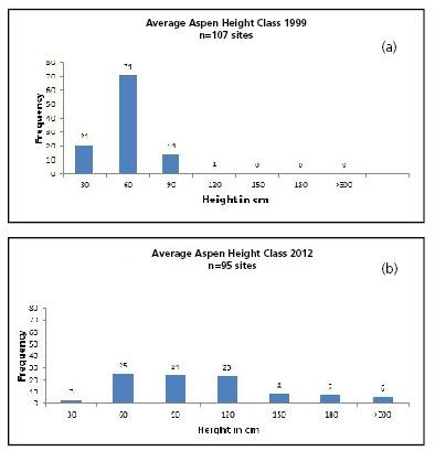 Figure 5.  In 1999, (a) approximately 86% of plots sampled had an average aspen stem height of 60 cm or less, and no stems measured were greater than 100 cm.  However, by 2012, (b) only 27% of plots sampled contained average aspen stem heights less than 6