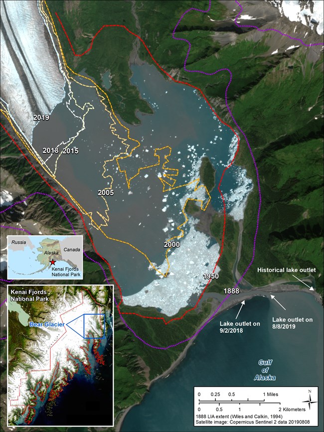 BearGlacier_TerminusPositions Aerial map of Bear Glacier outlining terminus positions