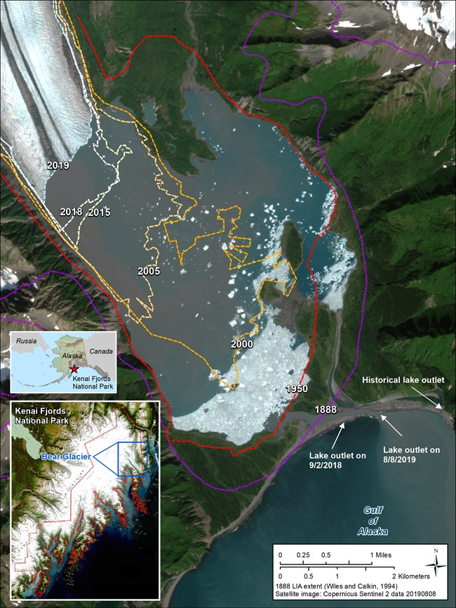 Aerial map of Bear Glacier outlining terminus positions