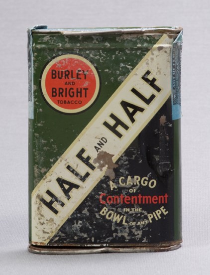 Tobacco can that was found containing note Image of green colored tobacco can reading "Half and Half"