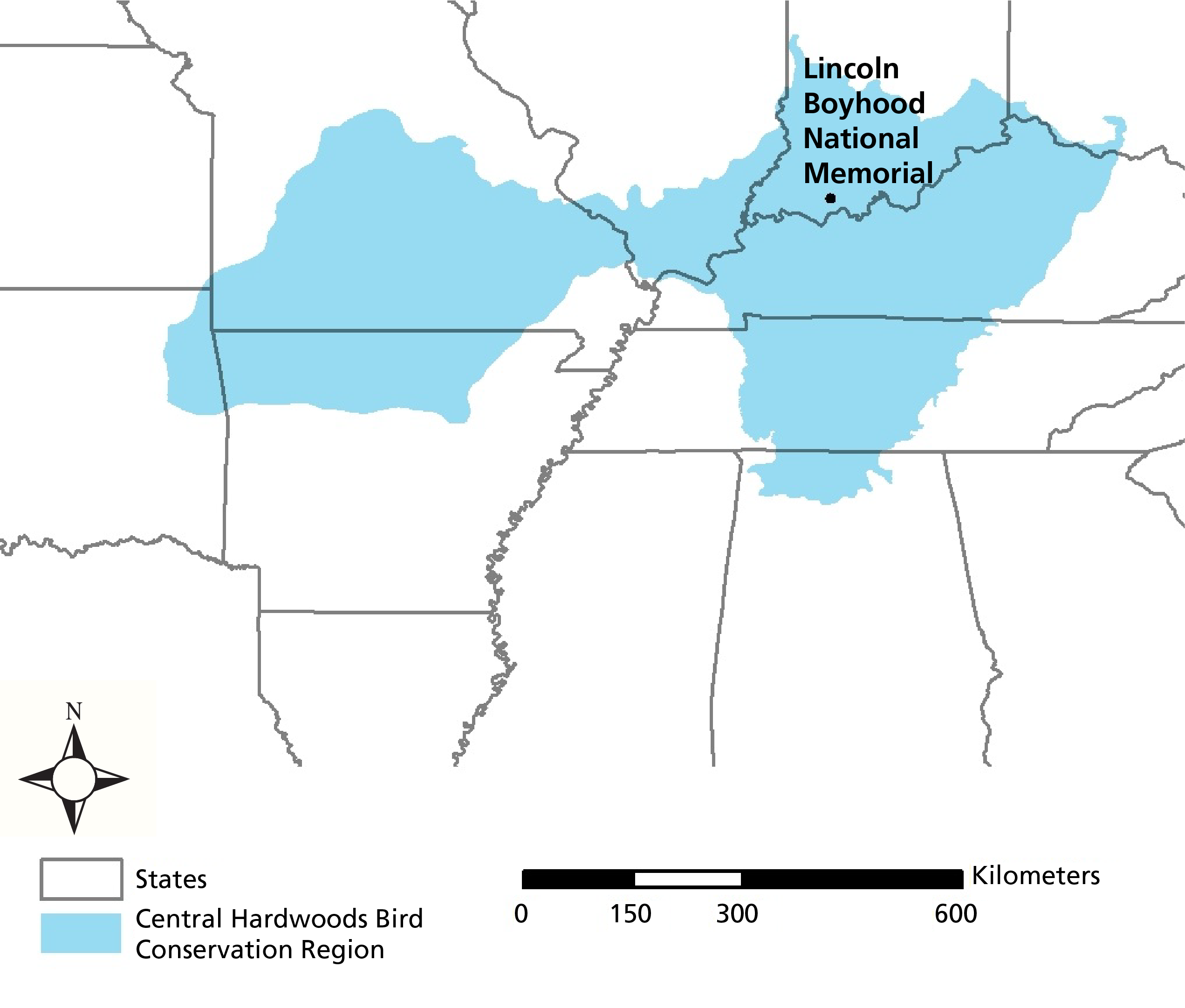 Map of the Central Hardwoods Bird Conservation Region Map of the Central Hardwoods Bird Conservation Region in a small part of eastern Oklahoma, northern Arkansas, southern Missouri, southern Illinois, southern illinois, Kentucky and central Tennessee and the location of the park.