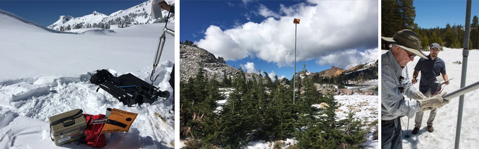 Three photos snowing snowpack measurement
