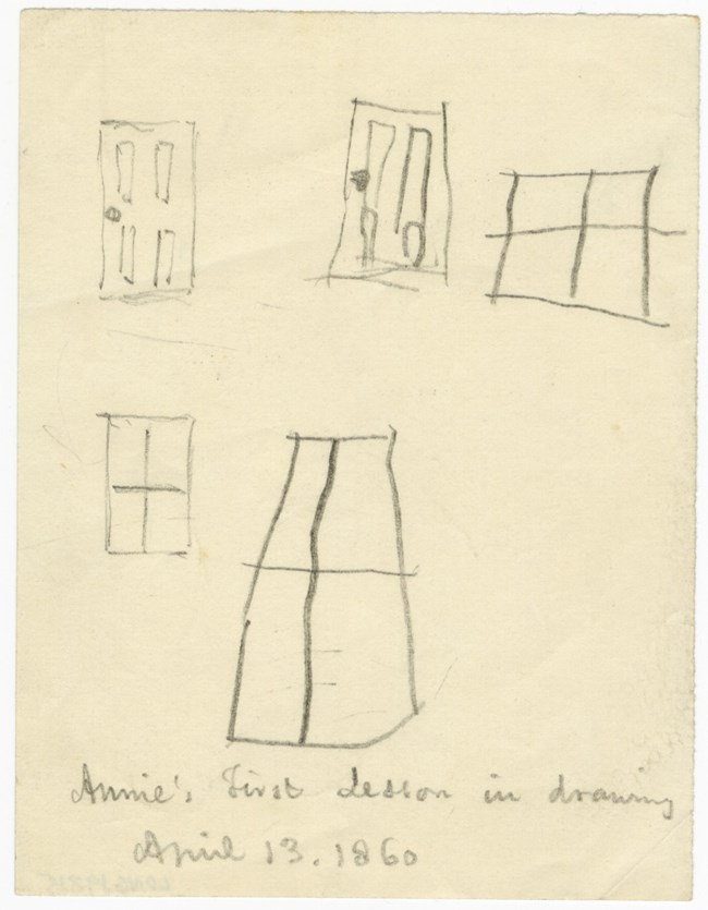 Annie's First Lesson, 1860 A simple pencil sketch of doors and windows drawn by a child
