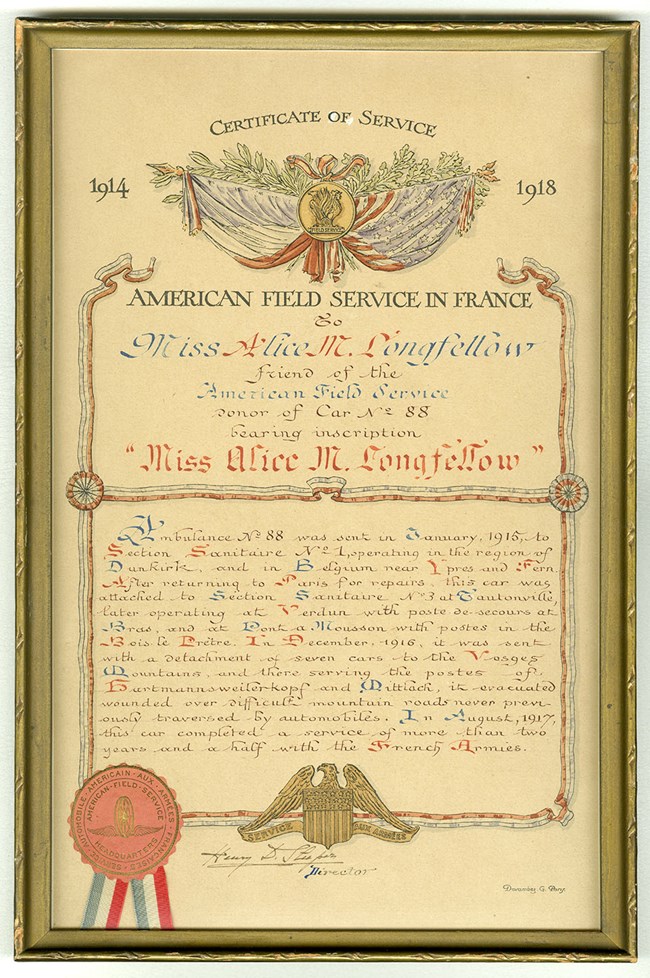 Printed certificate from the American Field Service in France to Miss Alice M. Longfellow, decorated in red, white, and blue with crossed US and French flags