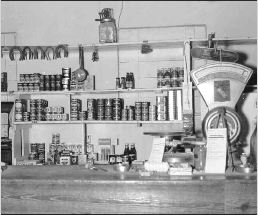 Shelf with cans and a scale in a grocery store