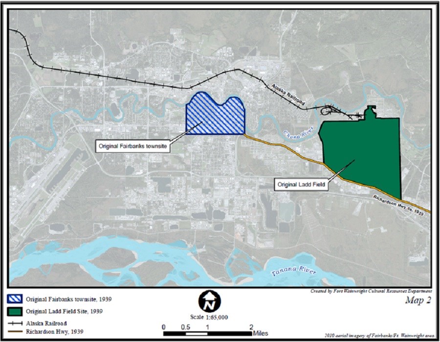 Map of  Ladd Field's Proximity to Fairbanks, AK. (Fort Wainwright Cultural Resources Department)