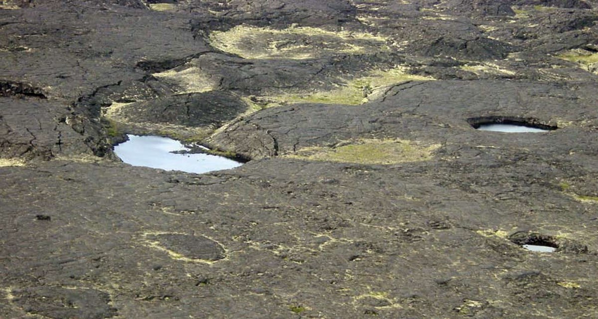 Depressions in the lava flow create small puddles of water.