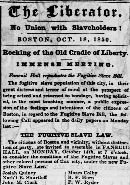 Liberator Article about a meeting at Faneuil Hall in October 1850