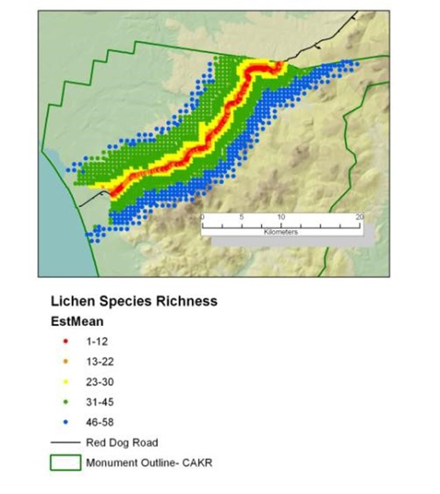lichen species map a map of northwest alaska with colors indicating that fewer lichen species are found near a road labelled red dog mine road