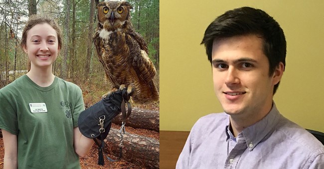 Woman holds an owl on her left hand. a head shot Ben