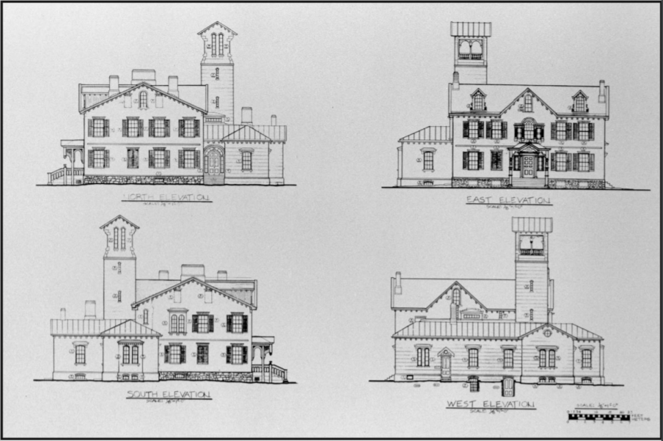 lt= Four diagrams of the Lindenwald house from different angles