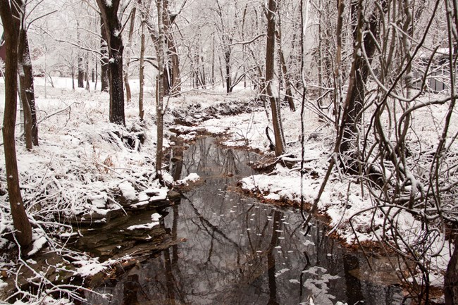 Little Prairie Creek at White Haven Photo of a small creek surrounded by snow and bare trees